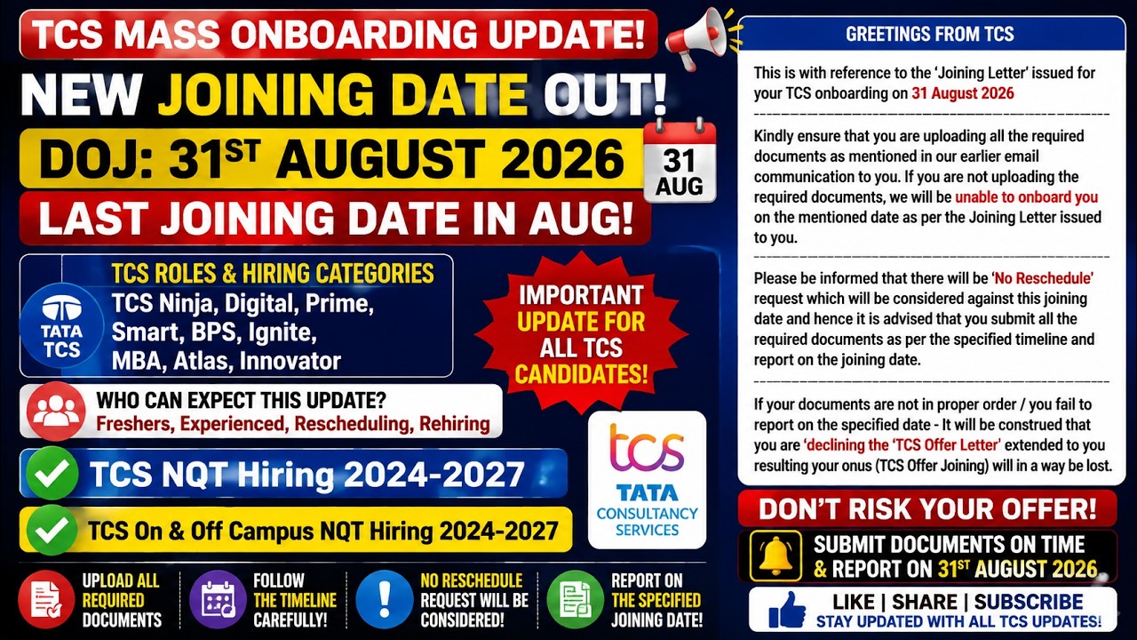 🚨TCS MASS ONBOARDING 2026: New DOJ 31 August Out! | Last August Joining Date + No Reschedule Warning