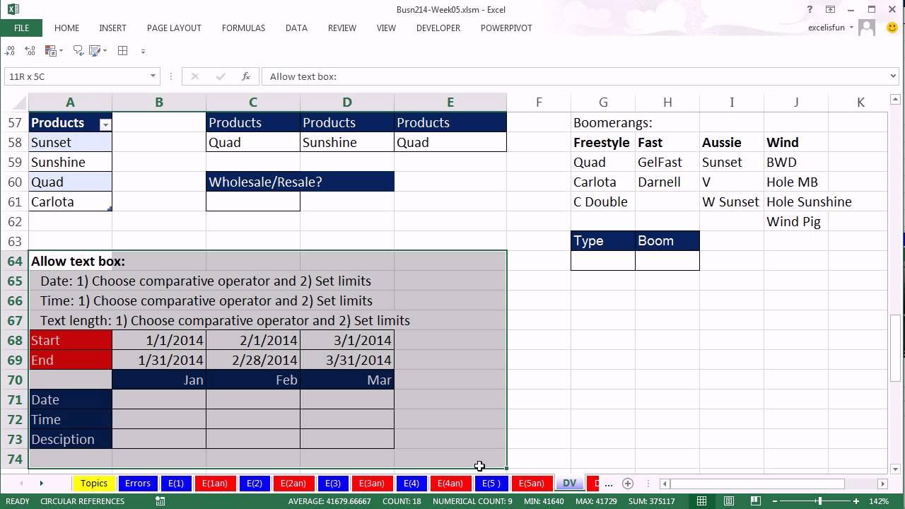 Highline Excel 2013 Class Video 28: Excel Data Validation: List, Date, Time, Custom (22 Examples)