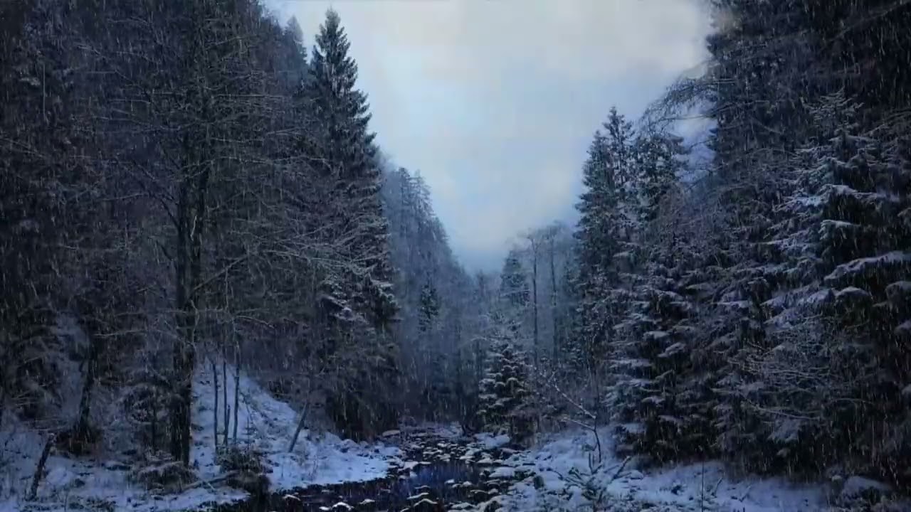 Peaceful sounds of rain and a relaxing landscape of heavy snow deep in the forest and a little creek