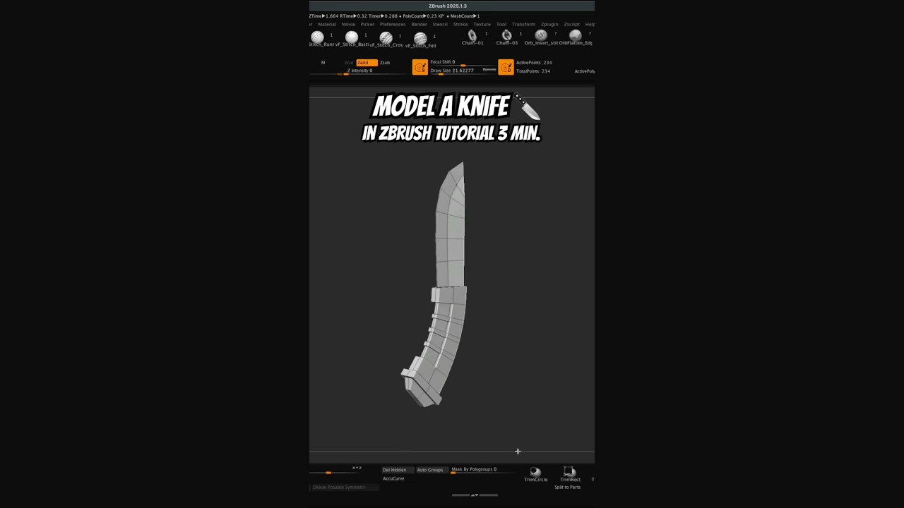 3D-модель ножа 🔪 в мини-уроке zBrush с использованием zModeler (LowPoly)