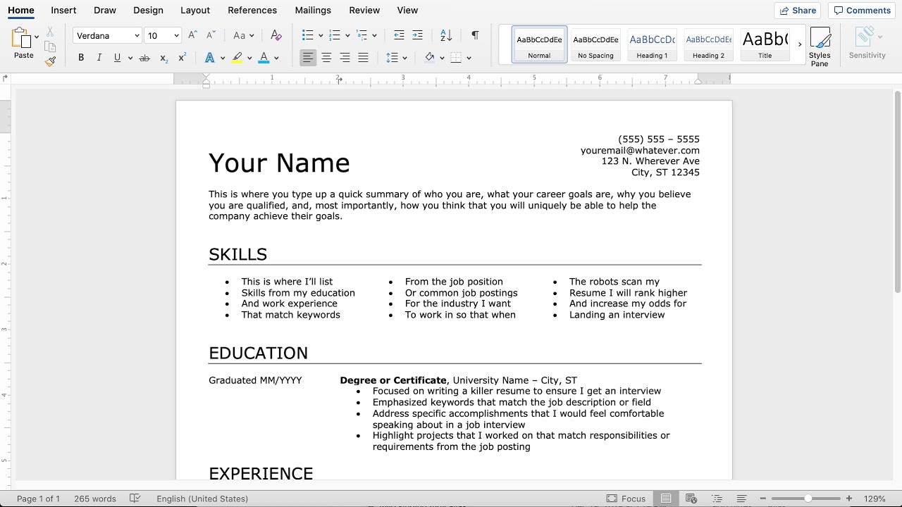 Как составить резюме без опыта работы в Microsoft Word (последняя версия)