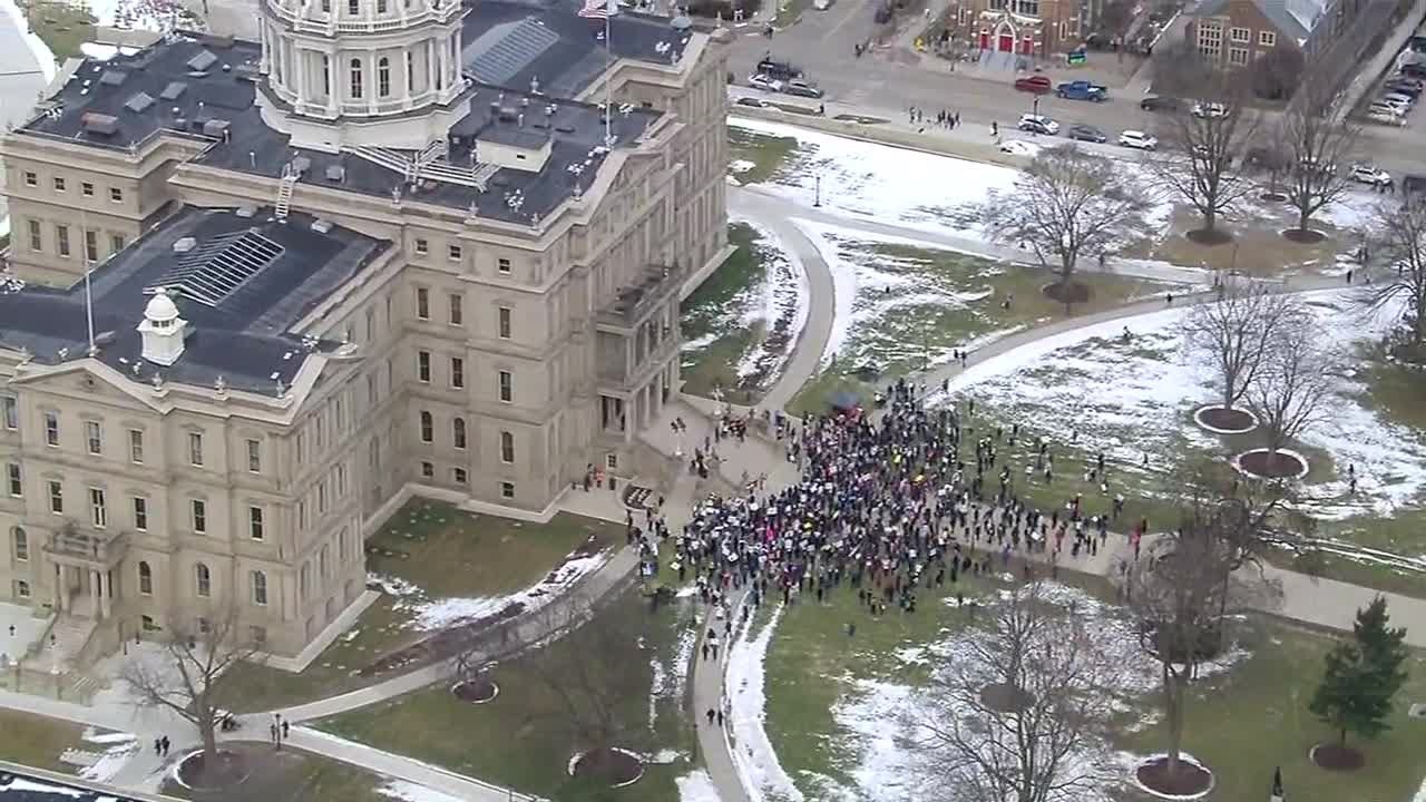 Chopper video shows crowd protesting Trump administration at Michigan Capitol