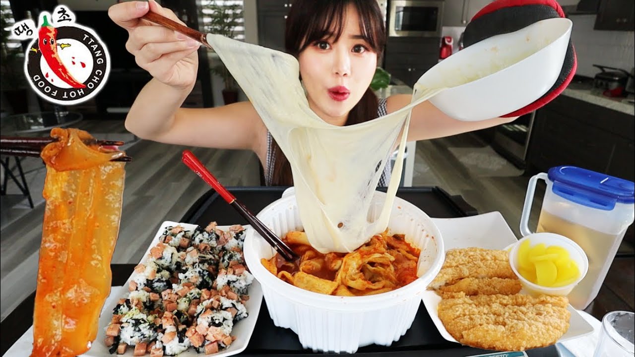 KOREAN FOOD YUPDDUK MUKBANG 먹방 (CHEESY Tteokbokki Spicy Rice Cake, GLASS NOODLES, Spam Rice Balls)