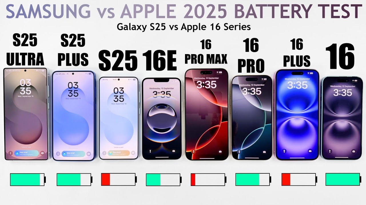 Samsung S25 Ultra vs S25+ vs S25 vs iPhone 16 Pro Max vs 16 Pro vs 16+ vs 16e vs 16 -  Battery Test 