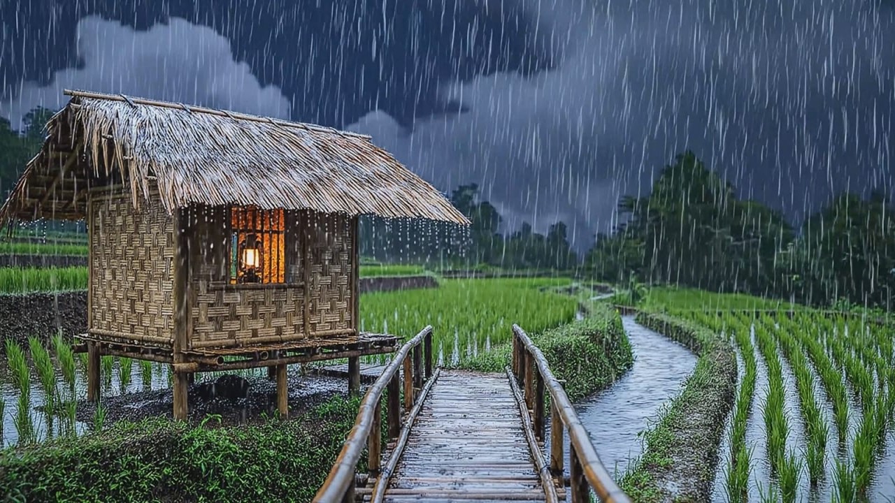 Peaceful Rainy Night in a Bamboo Hut Overlooking Lush Rice Fields | Deep Sleep ASMR Ambience