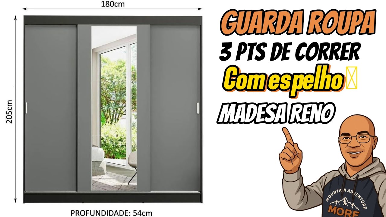 Montagem Guarda-roupa Casal Madesa Reno 3 Portas de Correr com Espelho - Preto/cinza !!!