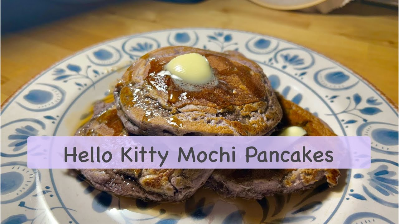 Hello Kitty Mochi Pancakes! A fun ube flavor in pancakes! 💜🥞