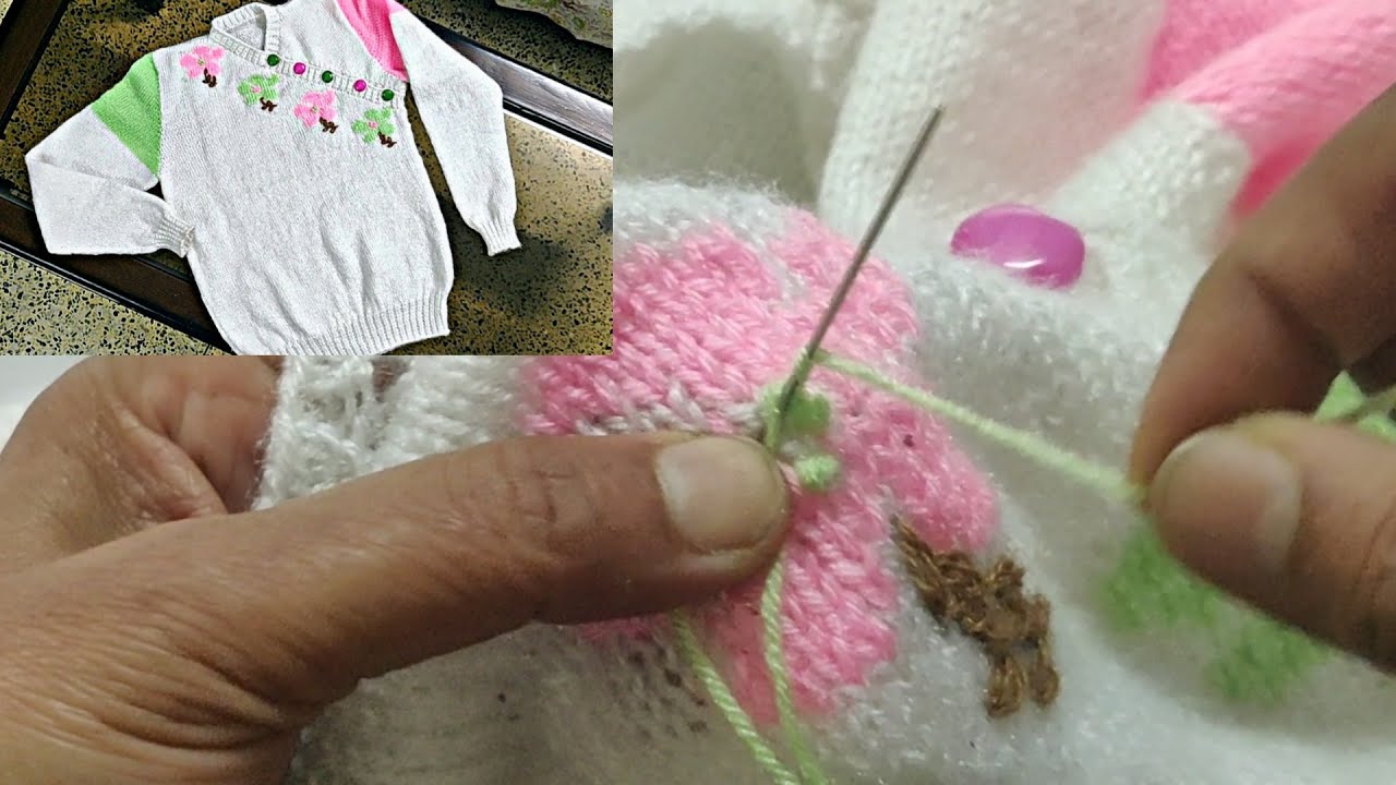 How to embroider a knitted sweater with duplicate stitch, laisy Daisy stitch & chain stitch in Hindi