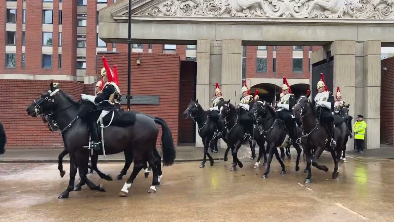 THE HOUSEHOLD CAVALRY MOUNTED leavening the stables for King Charles III Coronation