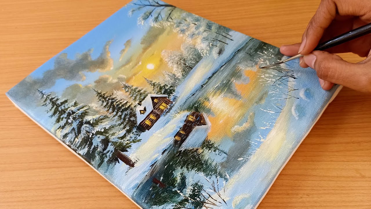 Easy Way to Paint a  Winter Lake in Morning/Acrylic Landscape Painting For Beginners 