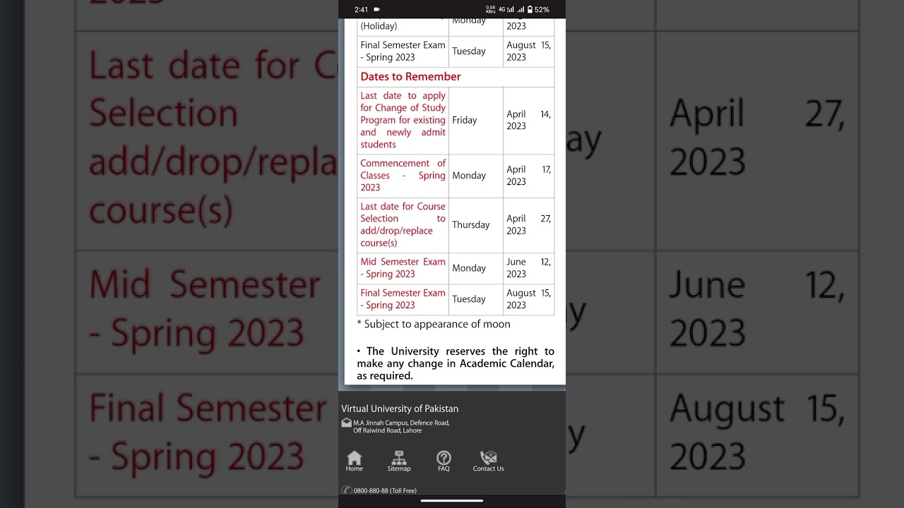 VU Academic calendar Spring 2023