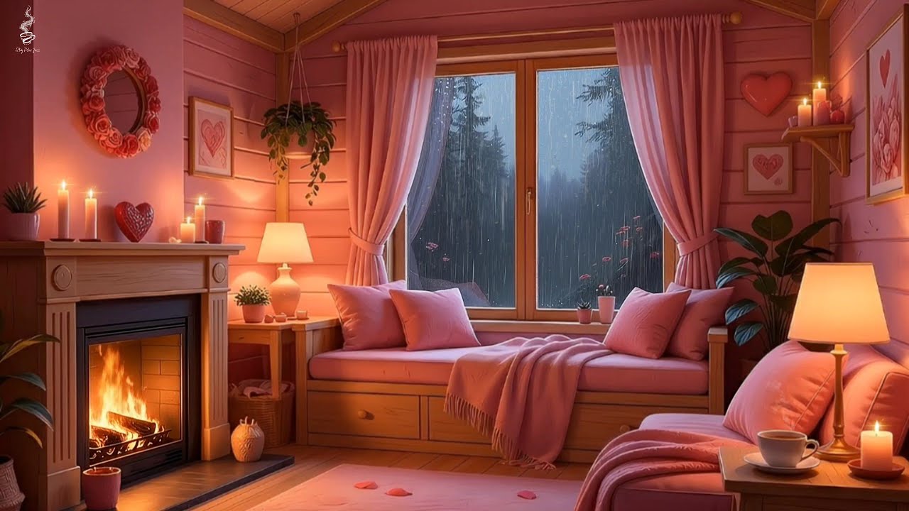 Chill Jazz Music + Crackling Fireplace 🔥Cozy Valentine Night Ambience for Relax & Anxiety Relief