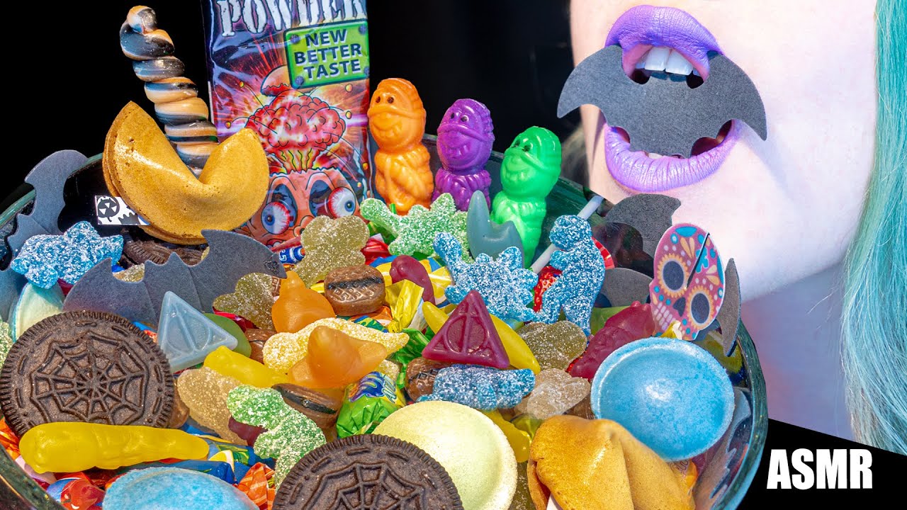 ASMR: JELLY CANDY, SEAGULL DIRT, LOLLIPOP, CHEWING GUM, BATS | Halloween Candy Bowl 🎃[No Talking|V]😻