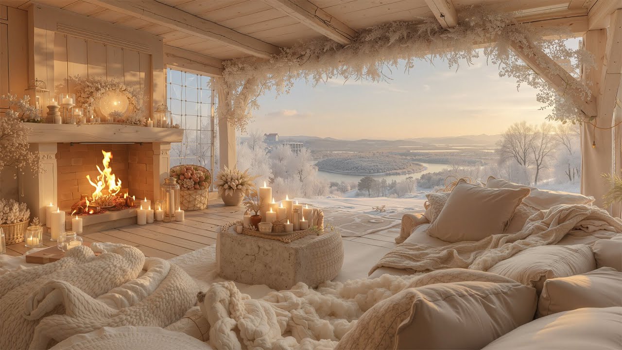 Cozy Winter Cabin Morning ❄️ Soft Piano & Crackling Fireplace Sounds for Chill & Sleep