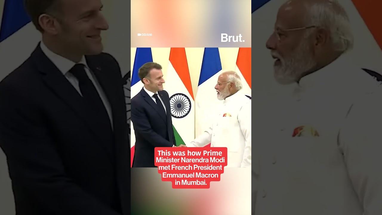 Prime Minister Narendra Modi met French President Emmanuel Macron in Mumbai. 🎥: DD/ANI