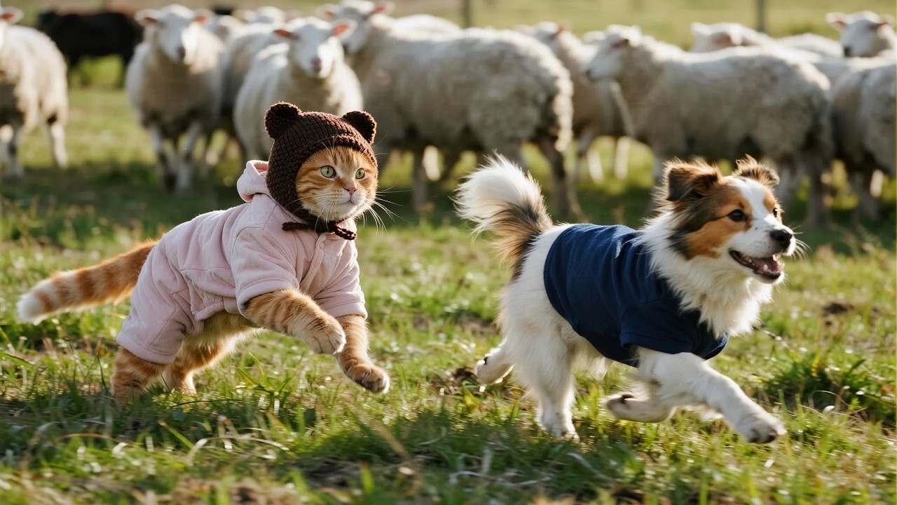 Ginger Kitten learned to herd sheep🐑✨. Puppy helped when Mama Cat was away!🤝