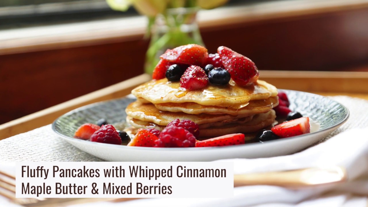 Fluffy Pancakes with Whipped Cinnamon Maple Butter & Mixed Berries