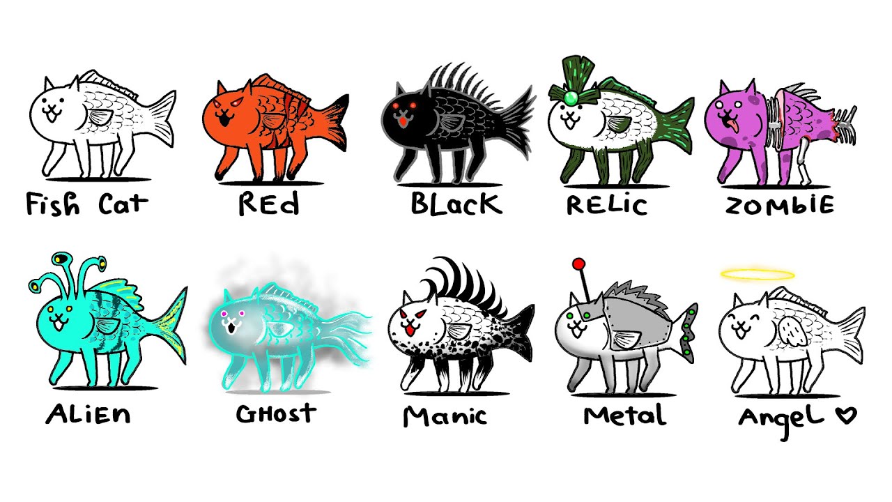 Different Versions of Fish Cats - The Battle Cats