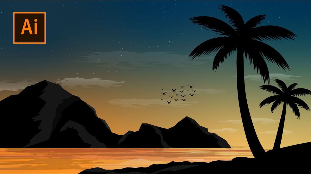 Palm Tree Silhouette Landscape Illustration | Adobe Illustrator Tutorial