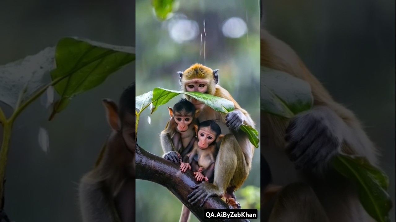 Mama Monkey Shields Her babies From Rain 🌧️ 🐒 🥺