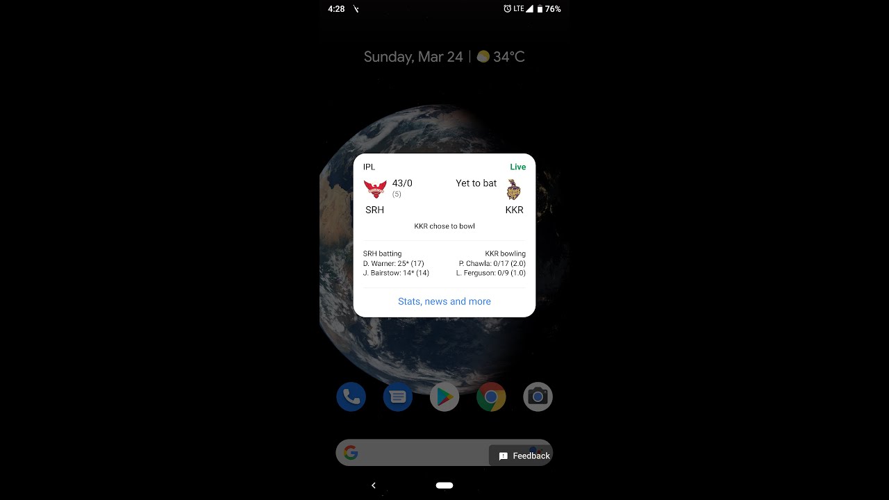 ICC Cricket live score on the home screen in mobile