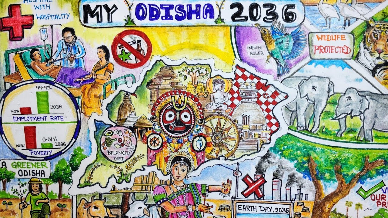 Poster on 'My Odisha 2036'.ମୋ ସ୍ବପ୍ନର ଓଡ଼ିଶା ୨୦୩୬ #odisha #drawing #odissi #agriculture #oilpastel