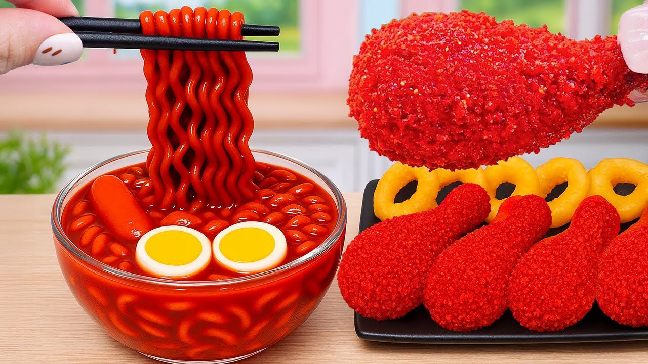 Cheetos Fried Chicken Served with Spicy Korean Noodles - Super Delicious ASMR Cooking