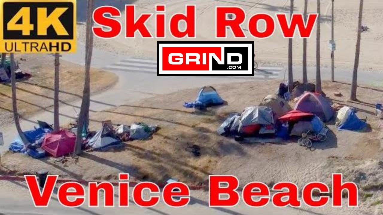 4K Aerial Venice Beach Boardwalk Homeless Encampments Tent Cities spreading to the Sand 06-11-21 8am