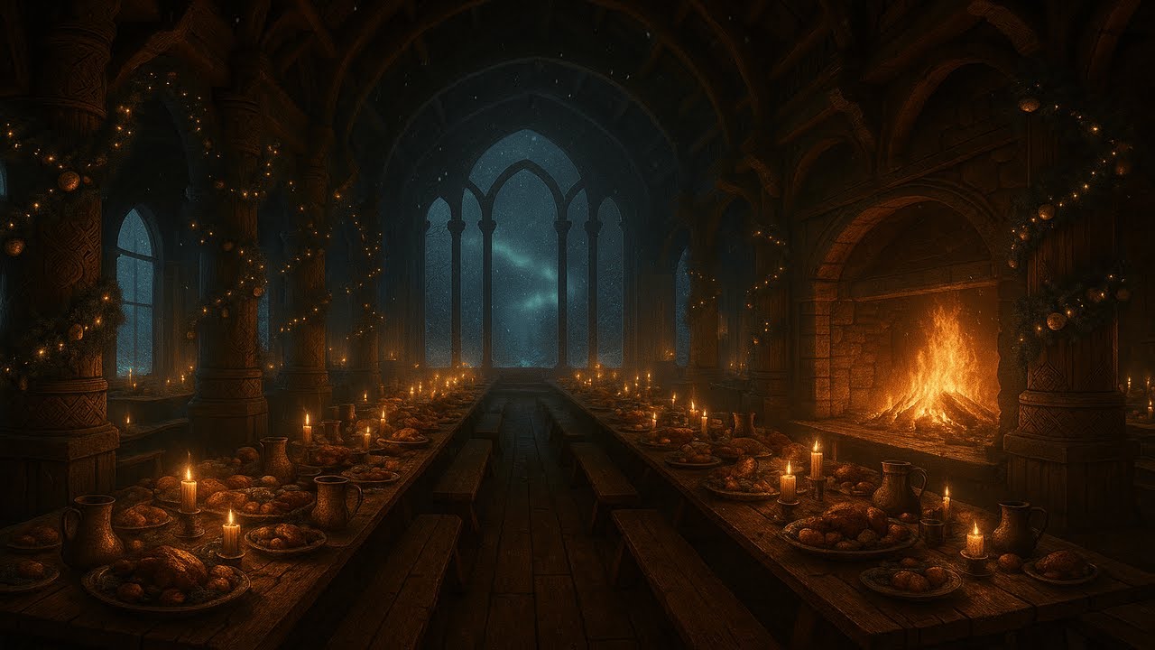Winter Solstice in Valhalla | 2 Hour Cozy Norse Feast Ambience with Fireplace & Aurora for Sleep