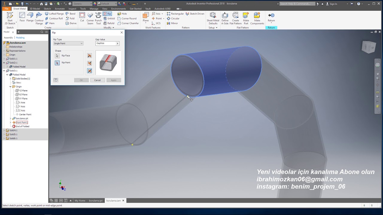 inventor boru montajı ve açılım (Sweep, Thicken offset, Make components, Rip, Sheet metal)