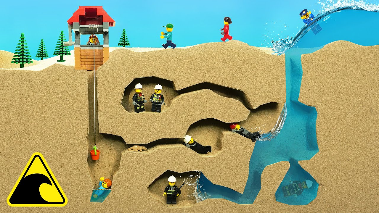 Boy Trapped in Well - Tsunami Cave Flood - Lego Dam Breach Experiment