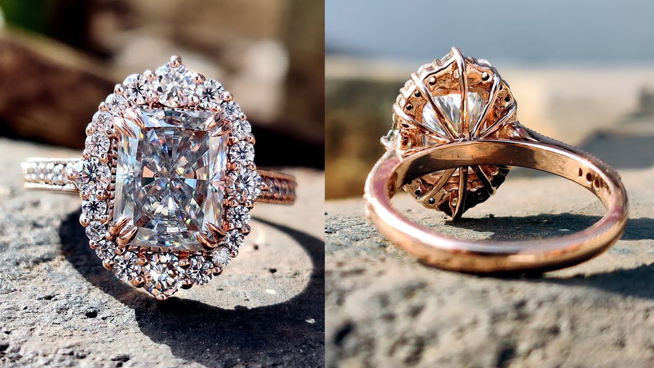 3.74 TCW Gray Radiant and Round Colorless Moissanite Unique Vintage Engagement Ring | Intricate Ring
