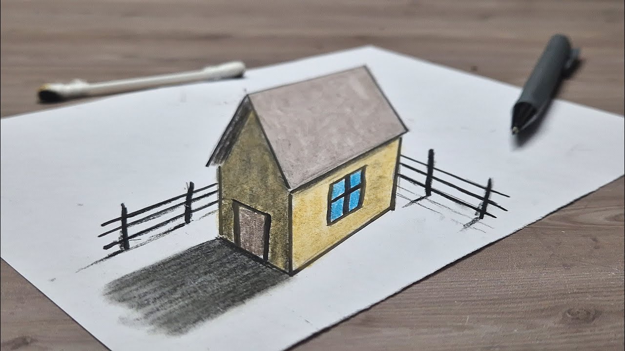 3d drawing easy home on paper for beginners