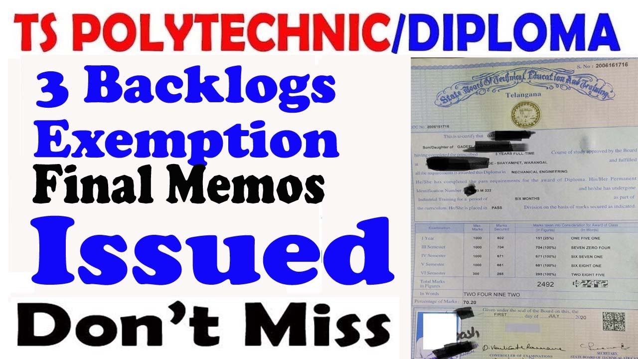 TS SBTET 3 Backlog Exemption Certificates Issued | Diploma 3 Backlog Exemption Certificates Issued