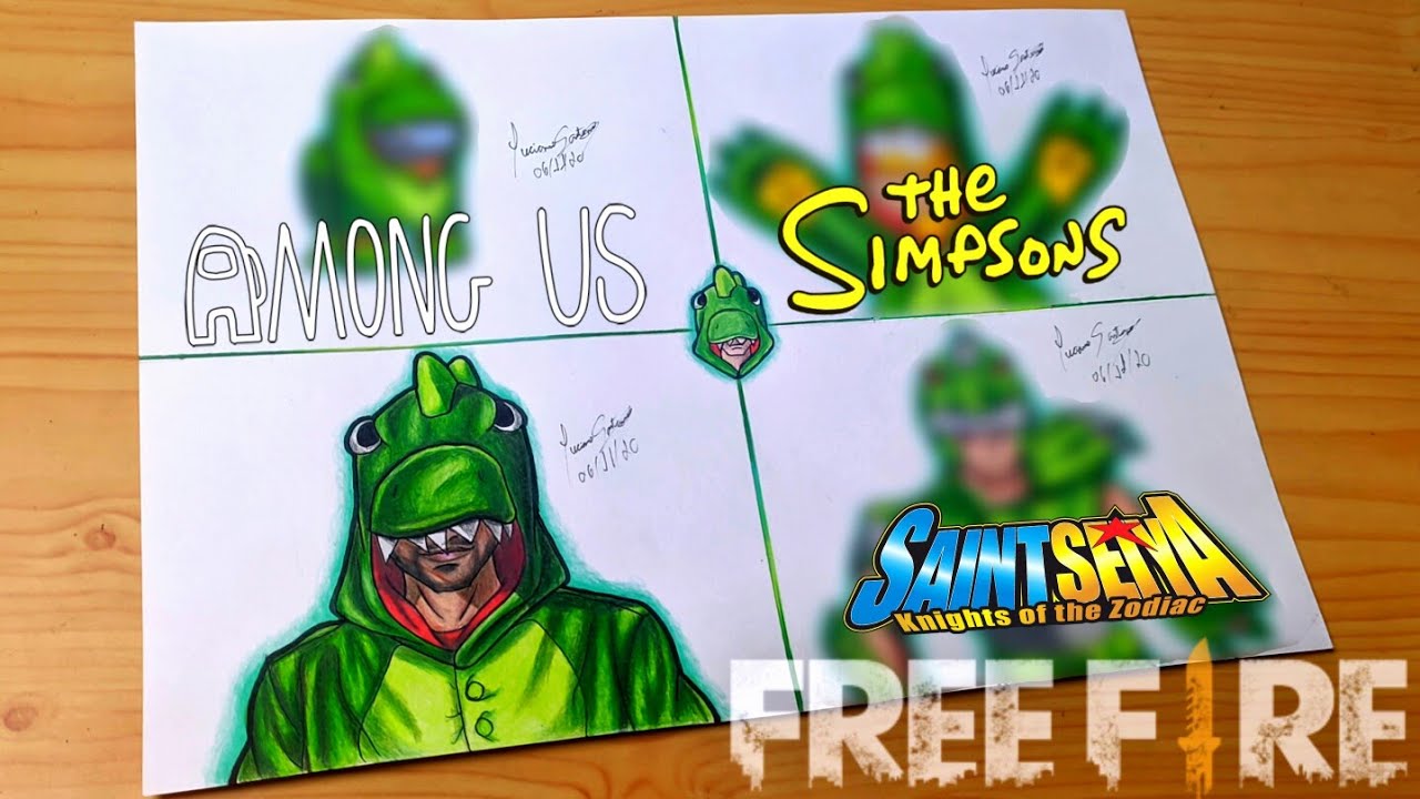 DESENHANDO A SKIN DO DINO VERDE FREE FIRE EM DIFERENTES ESTILOS // Gambar Free Fire