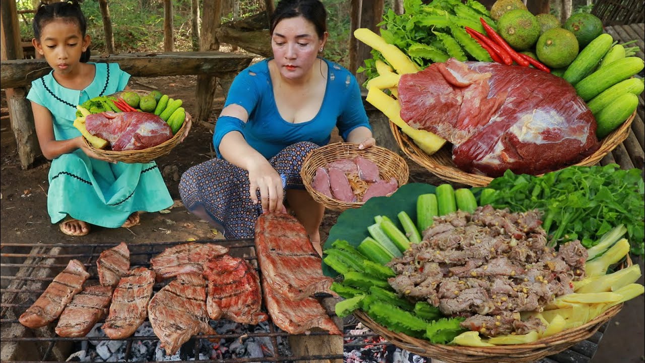 Yummy! Beef recipe- Mother cooking beef grilled for tasty delicious for dinner