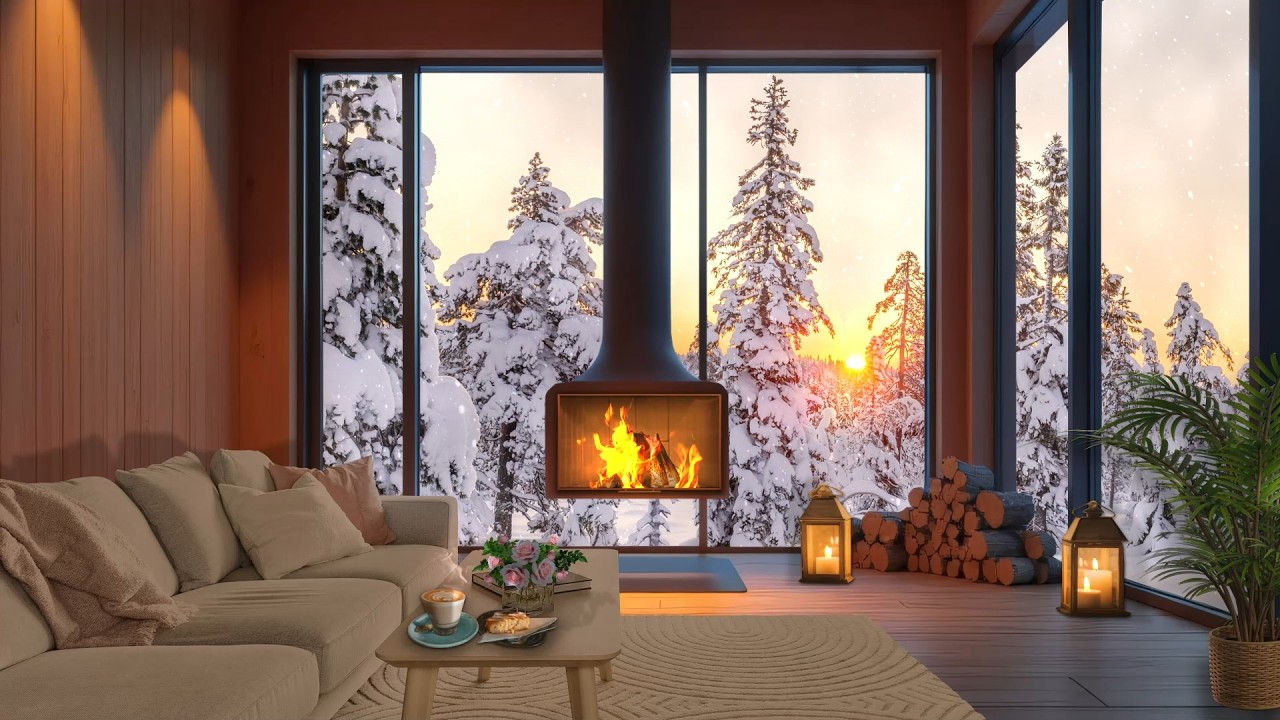 Warm Winter Cabin Evening ❄️🔥 Fireplace Glow, Snowy Sunset & Cozy Ambience