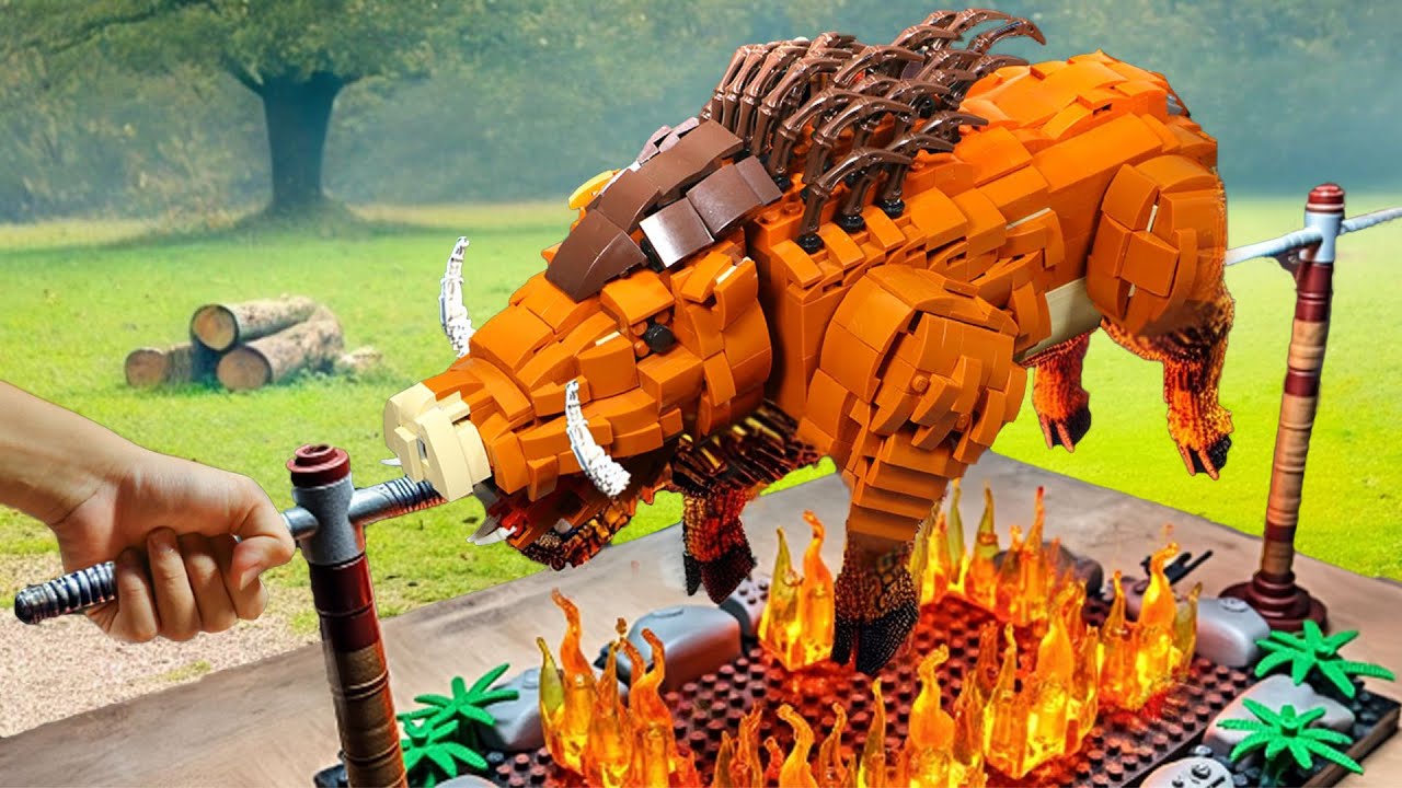 Roasting a Whole HUGE Wild Boar on a Spit like a chicken! Outdoor Lego Cooking ASMR