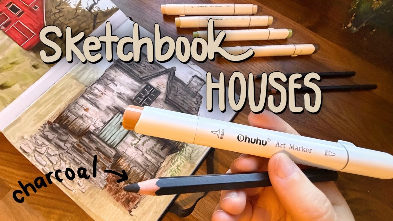 Sketchbook Houses using alcohol marker and charcoal | Mixed Media Spread
