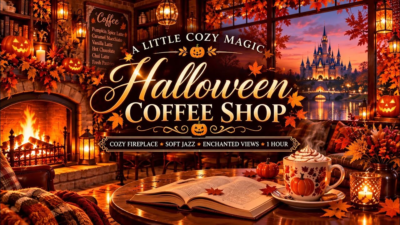 Enchanted Halloween Coffee Shop 🎃☕ | Cozy Autumn Jazz, Crackling Fireplace & Castle Ambience| 1 Hour
