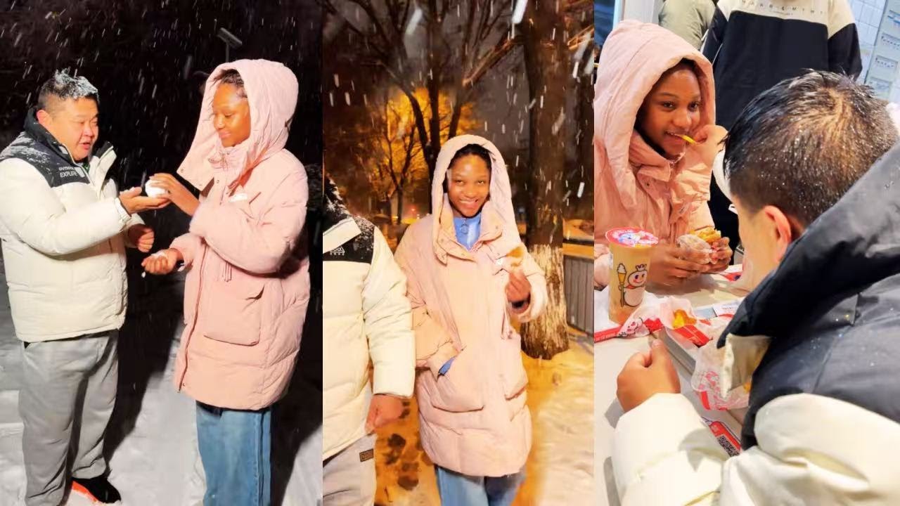 Сегодня выпал сильный снег, и мы с Се Шуаем вместе играли в снегу. ⛄