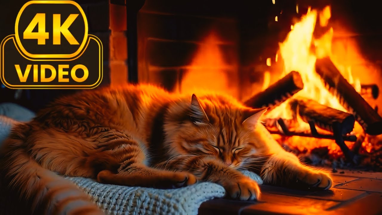 Mırlayan Kedi & Şömine Ateşi 🔥 Uyku, Ders Çalışma ve Rahatlama İçin Ambiyans(Fireplace 4K)