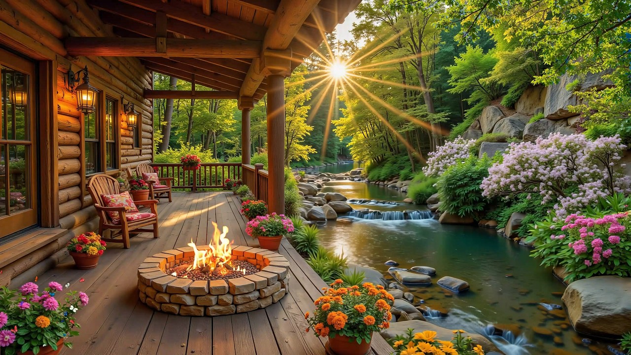 Soothing Piano Music Riverside Porch in Woods 🌺🔥 Crackling Fire Pit & Birdsounds to Study, Work
