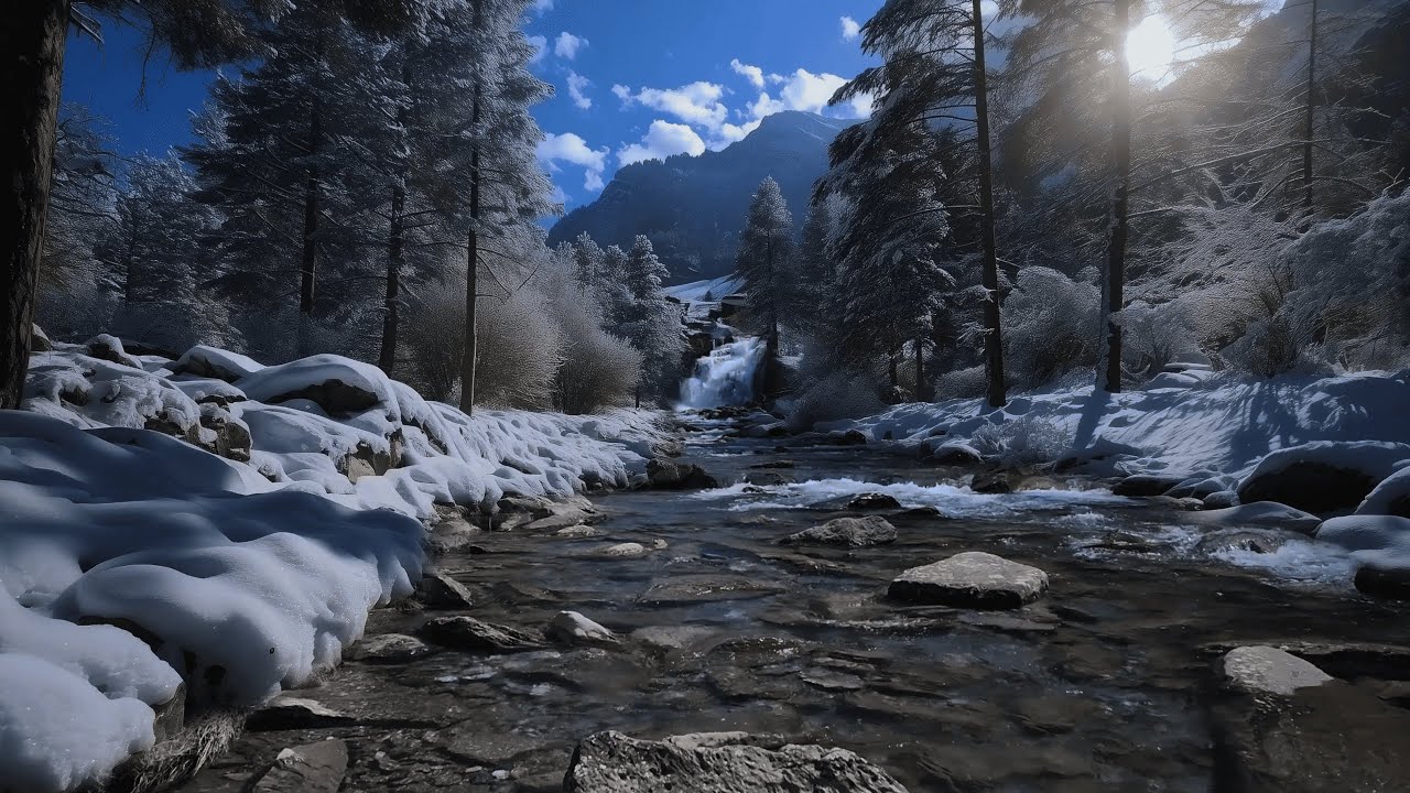 Peaceful Snowy River Ambience 4K 🌨️ Gentle Water Sounds to Clear Your Mind