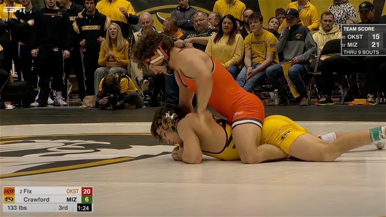 133lbs Daton Fix (Oklahoma State) tech fall Trey Crawford (Missouri)