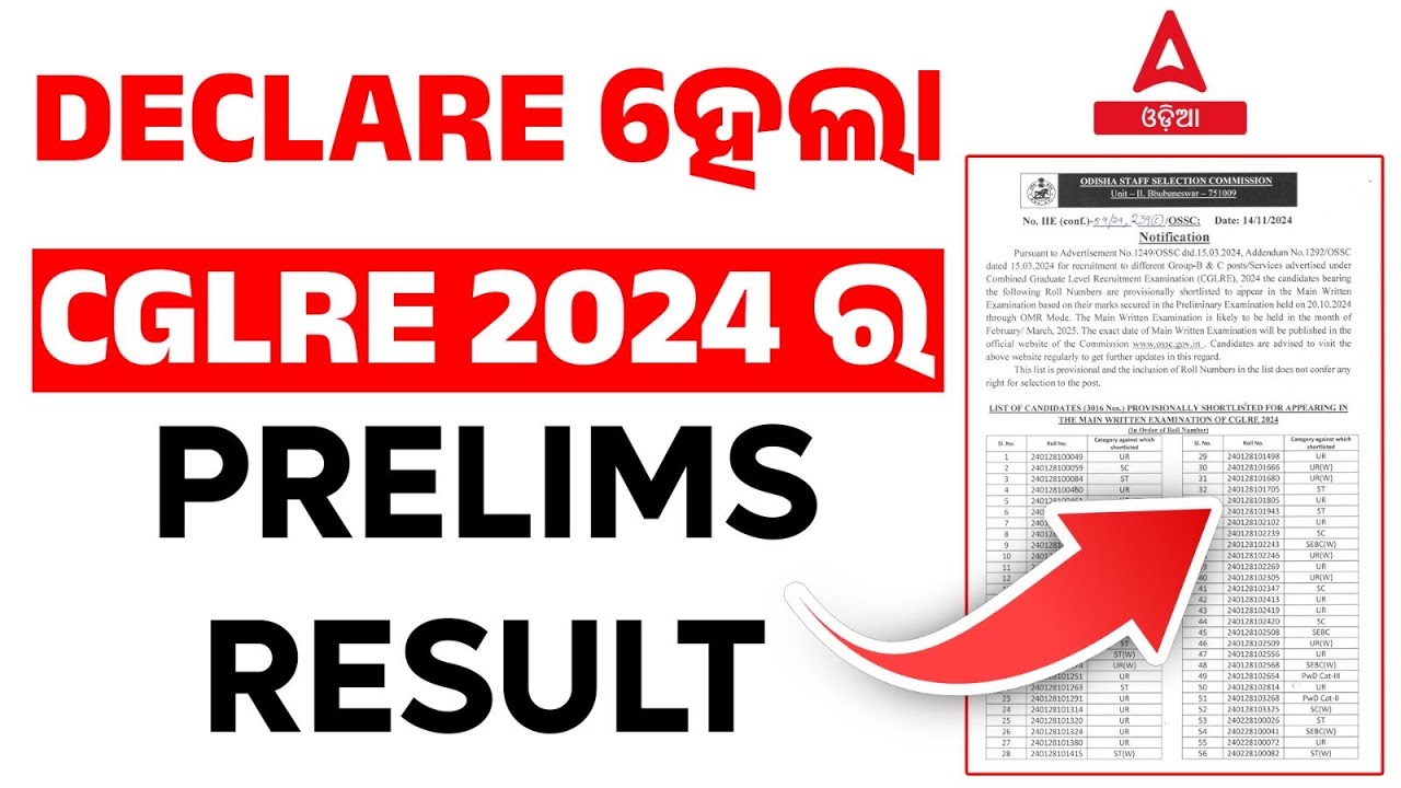 OSSC CGL Prelims Result 2024  | Declare ହେଲା CGLRE 2024 ର&nbsp;Prelims&nbsp;Result