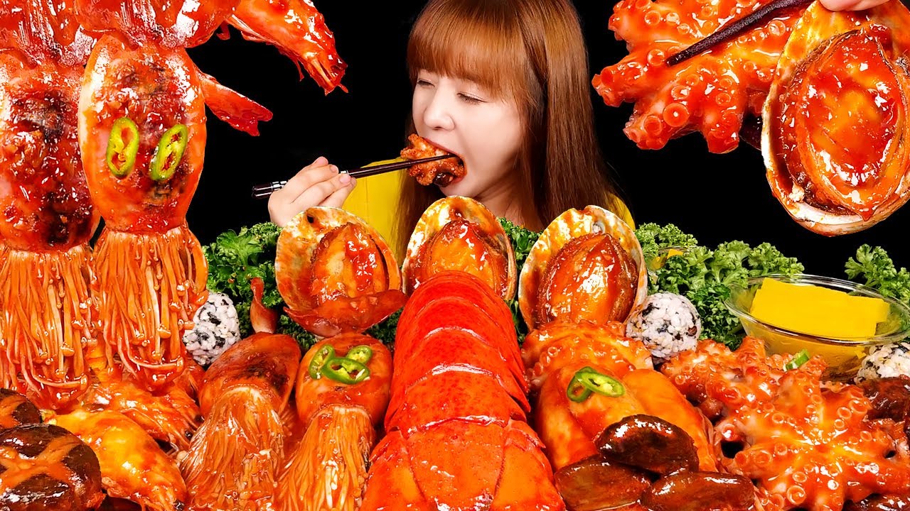 ASMR MUKBANG :) острые морепродукты (хвост лобстера, морское ушко, осьминог, креветки, кальмары)