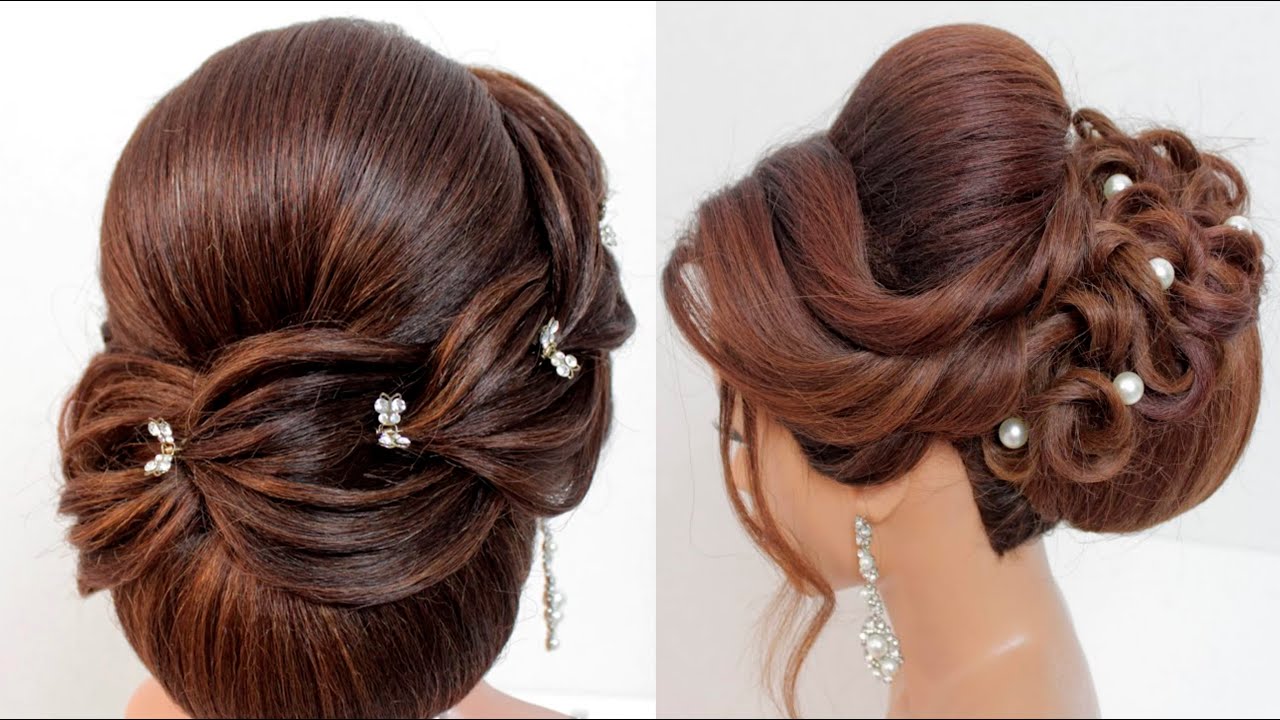 2 New Braided low bun.Wedding Hairstyles For Long And Medium Hair. Elegant Bridal Updos.
