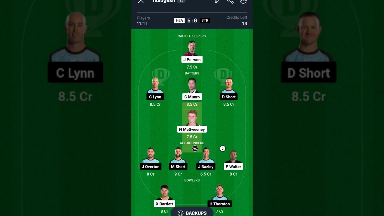 HEA vs STR Dream 11 | 9th T20 Match | big bash league t20 | #heavsstr #dream11 #bbl #bblt20 #bbl14