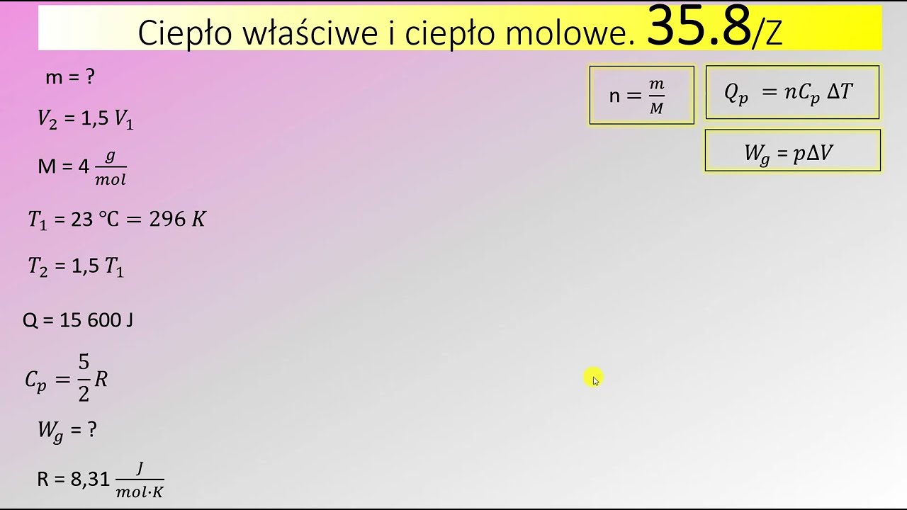 35.8 Hel ogrzewano izobarycznie od temperatury 23 st.C. Dostarczono mu 15 600 J ciepła. W wyniku tej